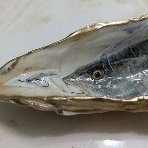 Handmade Decoupaged Oyster Shell Cluster Trout On The Hook...Almost!